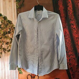 Calvin Klein 16 34/35 Striped White & Blue Shirt Slim Fit, non-iron 100% Cotton
